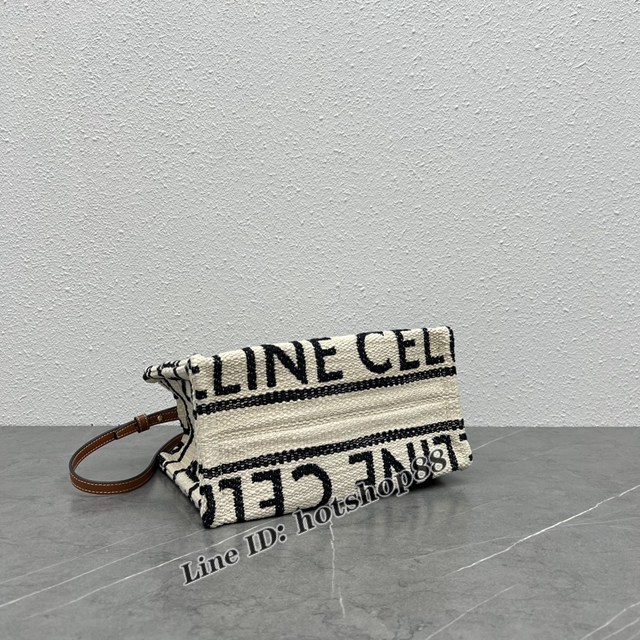Celine專櫃新款條紋織物托特包 賽琳浮雕logo手提斜挎購物袋 xxl1152